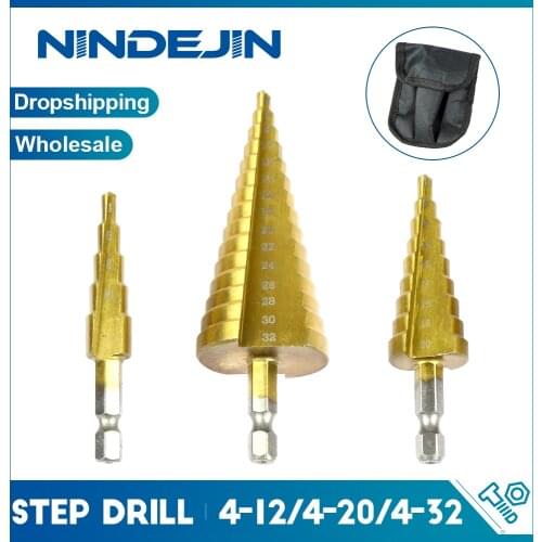 NINDEJIN Metric Step Drill Bit Set 4-32mm HSS Hex Shank Titanium Coated Stepped Cone Drill Bits for Metal Wood Steel