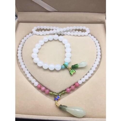 Natural Hetian white jade bead bracelet necklace suit