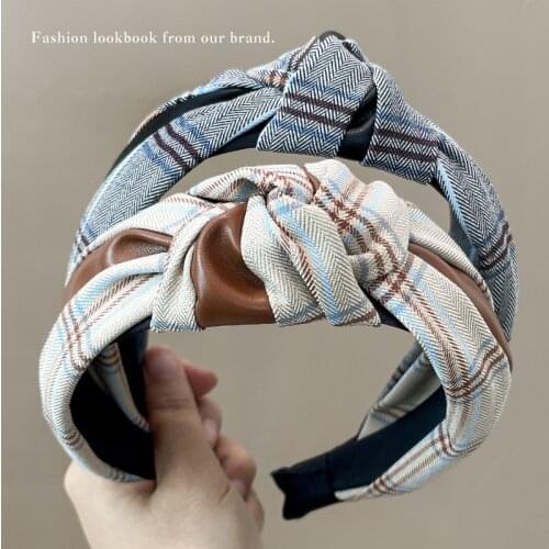 New Women Lattice Cloth With PU Bow Wide Headbands Hairbands Girl Cross Turban Headwear Hair Hoop Bands Girls Accessories