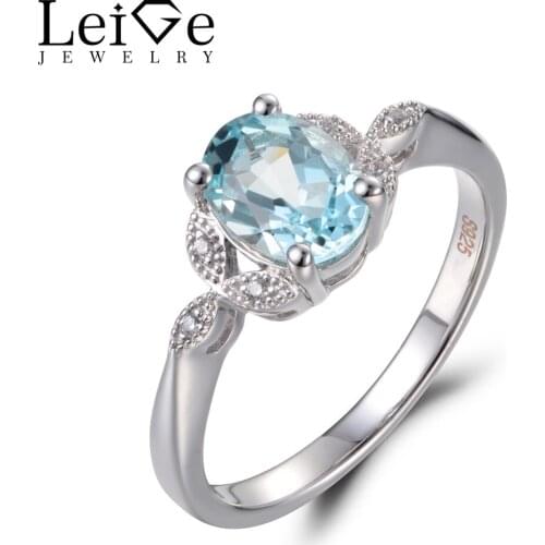 Leige Jewelry Natural Sky Blue Aquamarine Ring Cocktail Rings Oval Cut Gems 925 Sterling Silver March Birthstone Fine Jewelry