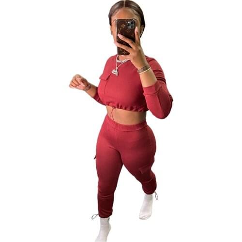 Autumn Two Piece Sweat Suits Women Sportwear Drawstring Crop Top and Pants Set Solid Casual Tracksuits Women Set with Pockets