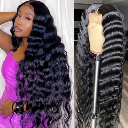 Loose Deep Wave Wig Frontal Lace Front Human Hair Wigs For Women Transparent Lace Wigs T Part Brazilian Curly Human Hair Wig