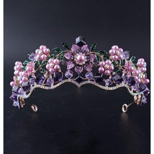 Luxury Baroque Purple Crystal Pearl Bridal Crown Tiara Magnificent Rhinestone Diadem for Bride Headband Wedding Hair Accessories