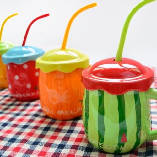 Straw Milk Cup Ceramic with Cover Spoon Personality Creative Trend Mug Minimalist Water Cup Home Childrens Milk Cup