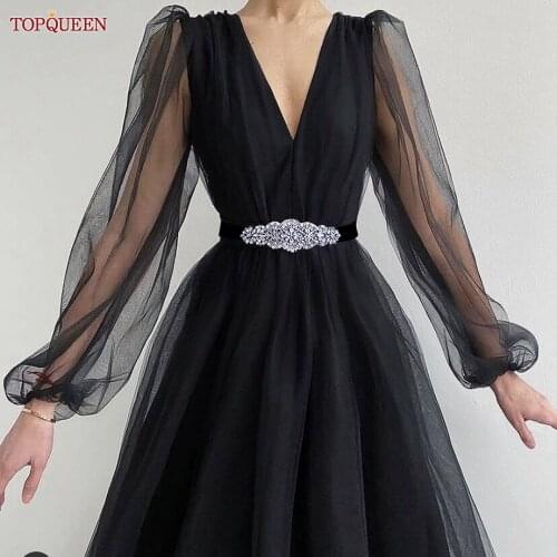 TOPQUEEN S394 Stretch Elastic Wide Belt Black Wedding Dress Diamond Belt Rhinestone Sash Belt for Bridesmaid Dress Bridal Sash