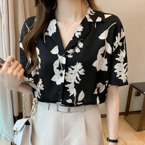 Ladies Summer Tops Flower Button Up Shirts Women 2021 Vintage Print Elegant Blouses Femme Fashion Black Short Sleeve Chiffon Top