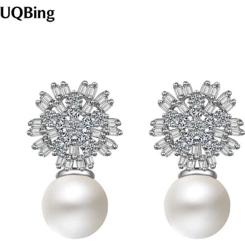 High Quality 925 Sterling Silver Big Flash Zircon Pearl Snowflake Stud Earrings Gifts Jewelry Wholesale