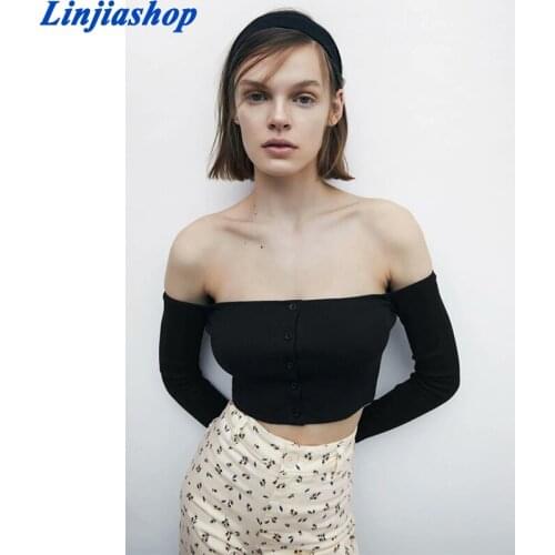 Women Black Slim Fit Boleoro Camis Spring Summer Stylish Off Shoulder Fake Single-Breasted Tank Top Design Short Top