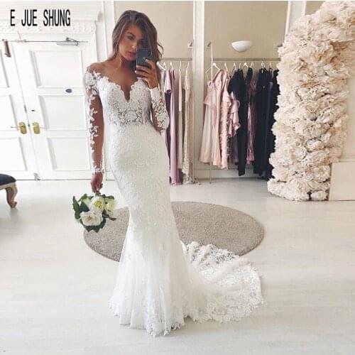 E JUE SHUNG White Elegant Mermaid Wedding Dresses Long Sleeve Sheer Neck Full Lace Appliques Button Back Bridal Dresses