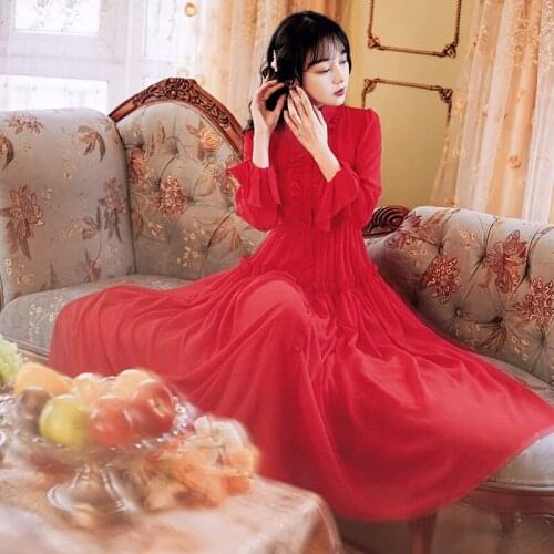 2020 Autumn Corduroy Long Women Dress Red Stand Neck Long SLeeve Vintage Maxi Vestido Elegant Red Ladies Mid-Calf Party Dress