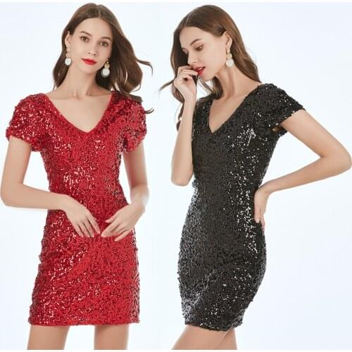 Fashion Vintage Casual A-line Short Sleeve Knee-length V-neck Black Blue Red Rose Red Silver Gold Summer Sequin Dress Women 9950