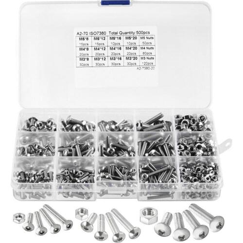 500pcs Hex Button Round Head Cap Screw Nut M3 M4 M5 Hexagon Metric Thread Machine Bolt Assortment Kit Set 304 Stainless Steel