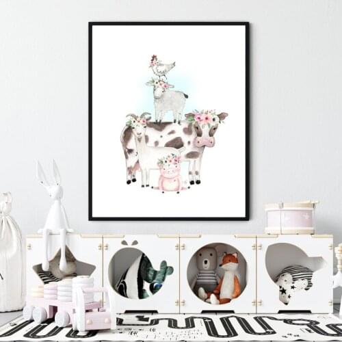 Watercolour Cute Animals Art Prints Cow Pig Lamb Goat Hen Rooster Farm Animal Canvas Painting Nordic Poster Kids Room Wall Decor