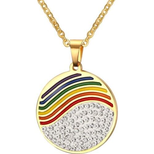 Long Chain Rainbow Necklaces For Women LGBT Jewelry Stainless Steel Gold Plate Clear Rhinestones Party Pendent Necklace Gifts