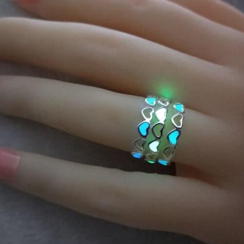Hot Sale Adjustable Heart Shape Luminous Ring Glowing In Dark Silver Color Rings For Womens Glow Hollow Heart Love Free Size