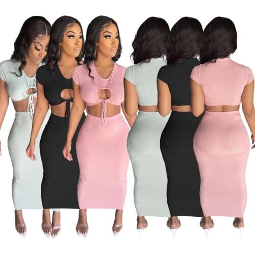 Sexy Lady Basic Streetwear Womens Tracksuit Maxi Midi Skirts Set Cut Out Crop Tops Matching Two 2 Piece Active Sweatsuit