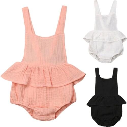 0-24M Summer Newborn Kid Baby Girls Solid Romper Jumpsuit Ruffles Bow-knot Sleeveless One-pieces Sunsuit Clothes Outfits