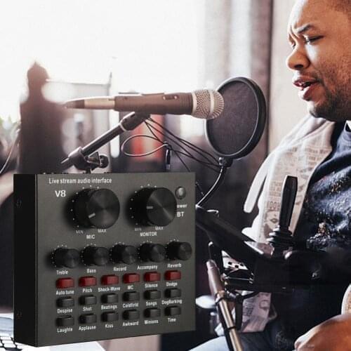 V8 Multifunctional Live Sound Card USB Audio Interface Intelligent Volume Adjustable Audio Mixer Sound Card for Recording