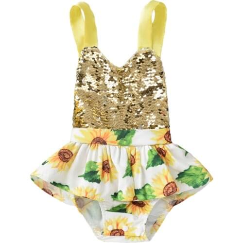 FashionBaby Girls Romper Infant Summer Clothes Sunflower Printing Sequins Decoration Sleeveless Hanging Neck Jumpsuit