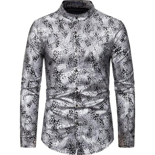 Mens Long Sleeve Mandarin Collar Dress Shirts 2020 Fashion Sliver Paisley Print Shirt Men Clubwear Party Prom Chemise Homme XXL