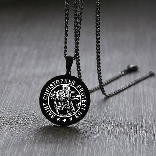 Men Black Disc St Christopher Religious Medallion Pendant Necklace in Stainless Steel Jewelry