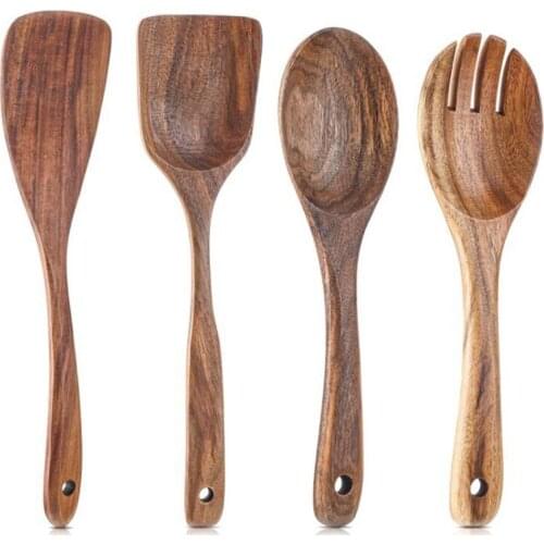 4 Pieces Wooden Kitchen Utensils Set,Non-Stick Wood Spoons for Cooking Spurtle Spatula Salad Spoon Fork,Kitchen Cookware