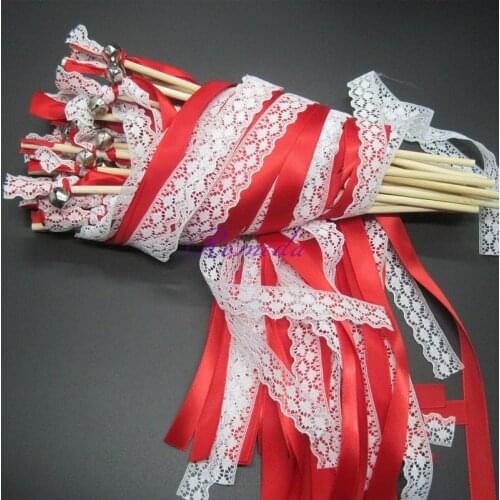 Newest 50pcs/lot Dark red with white lace wedding twirling ribbon wands stick for outdoor party