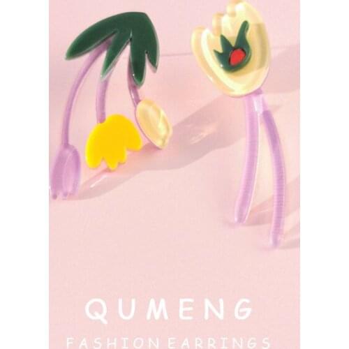 QUMENG Korean sweet and romantic tulip lovely flowers acrylic stud Earrings retro cartoon asymmetrical colorful Jewelry
