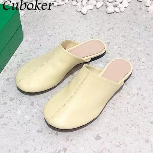 Round Toe Women Flat Slippers Brand Designer Flat With Leather Female Slides Concise Style Mules Lazy Shoes Women Slippers Mujer
