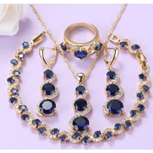 African Jewelry Set For Women Wedding Gold-Color Costume Blue Cubic Zirconia Long Earrings And Necklace Bracelet Ring Bridal Set