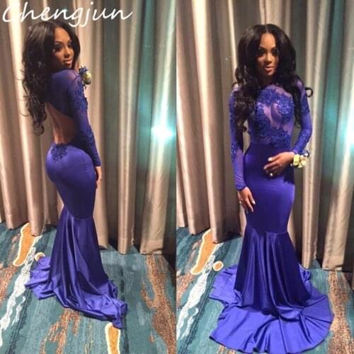 Chengjun O-Neck Sexy Transparent Backless Long Sleeve Fishtail Purple Evening Dresses