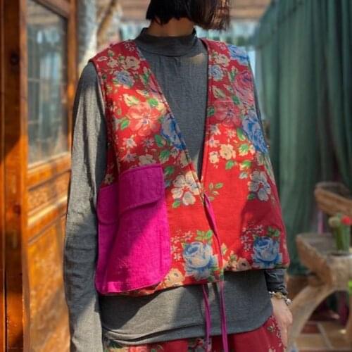 Johnature Women 2020 Winter Vintage Cotton Print Flowers Vests Chinese Style Sleeveless Coats V-Neck Pocket Female Vests