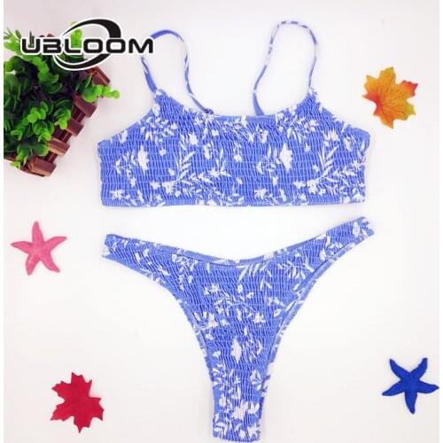 Sexy Bandeau Push Up Brazilian Bikini Set Padded Thong Bathing Suit Women Spaghetti Strap Beach Swimwear Floral Printed Swimsuit