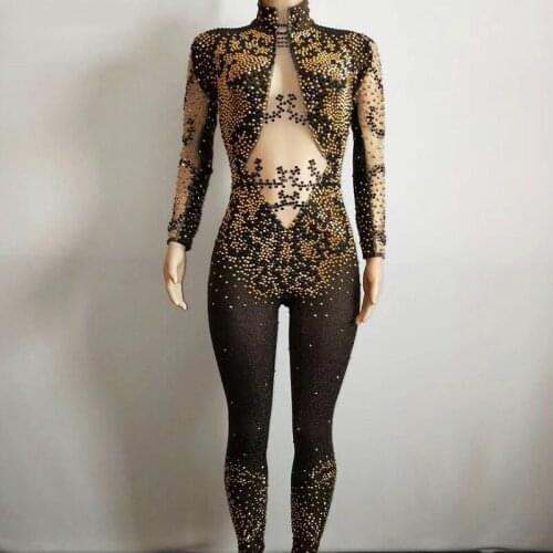 Female Sexy Jumpsuit Nightclub Pole Dance Clothing Bar Party DJ Singer Costume Sparkly Crystals Stretch Skinny Festival Bodysuit