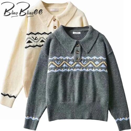 BlingBlingee Za 2021 Autumn Woman Traf Pull Embroidery Detail Knit Jumpers POLO Collar Drop Shoulder Casual Loose Sweaters