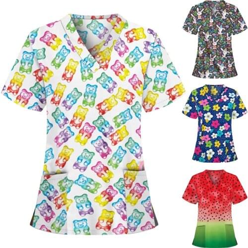 Hospital Laboratory Women Nursing Working Uniform T-shirts With Pocket Plue Size Animal Print Short Sleeve V-neck Carer Top A50