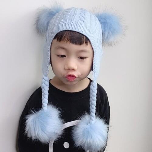 Kids Wool Beanie Crochet Earflap Knitted Hat Baby 4 Pieces Fur pompoms Skullies Beanies Winter Hats For Children Girls Boys