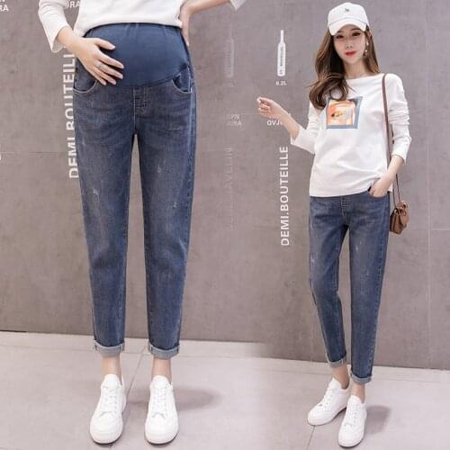 9532# Cotton Elastic Waist Belly Denim Maternity Jeans Spring Autumn Casual Harem Pants for Pregnant Women Pregnancy Trousers