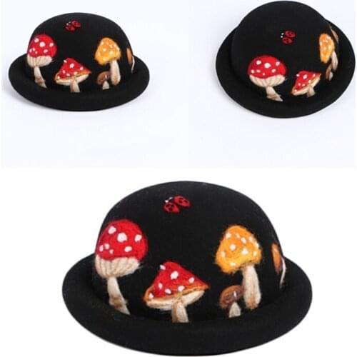 Parent-Child Winter Autumn Faux Wool Felt Jazz Hat Cute Cartoon Mushroom Ladybird Embroidery Vintage Prom Bucket Cap Party