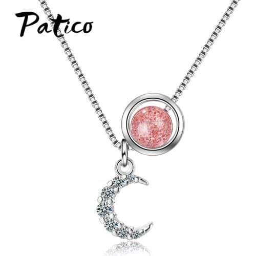 Korean 925 Sterling Silver Cubic Zircon Pendant Necklace Simple Sweet Pink Strawberry Crystal Choker Moon Sun Clavicle Chain