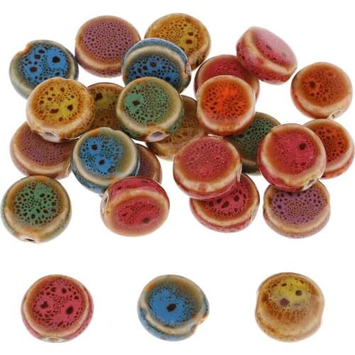 30Pc Flower Glaze Flat Round Porcelain Ceramic Beads 14mm For Jewelry Making