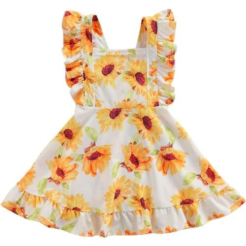 2-7Years Kids Girls Casual Dresses Sunflower Print Square Collar Fly Sleeve Ruffled Dress for Summer Yellow