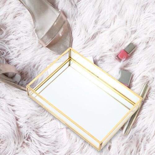Hot Nordic Retro Storage Tray Gold Rectangle Glass Makeup Organizer Tray Dessert Plate Jewelry Display Home Kitchen Decor