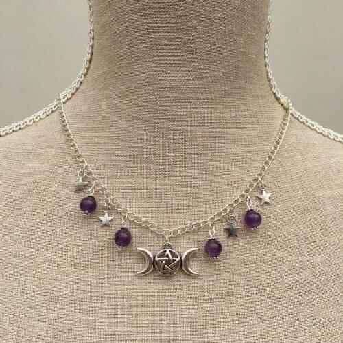 Triple Purple Stone Pentagram Pagan Wicca Chain Necklace Triple Moon Natural Pendant Witchy Esoteric Punk Jewelry Women Gift