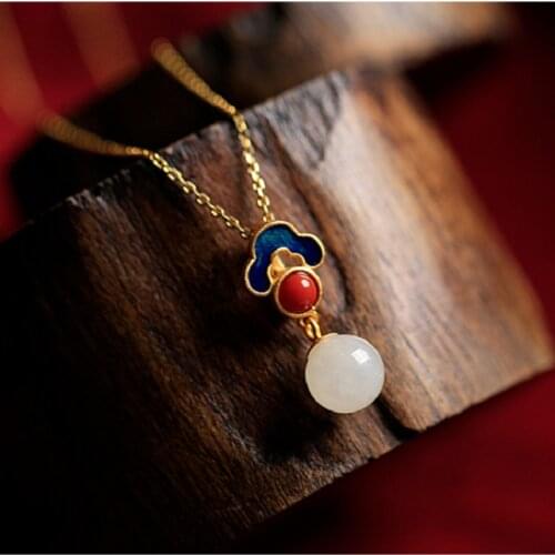 New Product Original 925 Silver Natural Gold-plated Natural Hetian Jade Enamel Pendant Clavicle Female Chinese Style Necklace