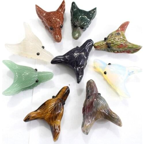 2pcs Drilled Carved Wolf Head Pendants Necklace,Natural stone Quartz Agates aventurine Carving Figurine Chakra Healing Crystal