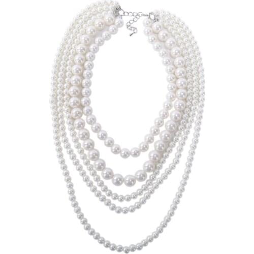 Selling Jewelry>>White 5 Strands Layer Pearl Bead Statement Pendant Bib Dress Long Necklace