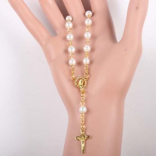 Religious Vintage Prayer Women Christian Bead Chain glass pearl Bead Religious Catholic Rosary Bracelet gold color