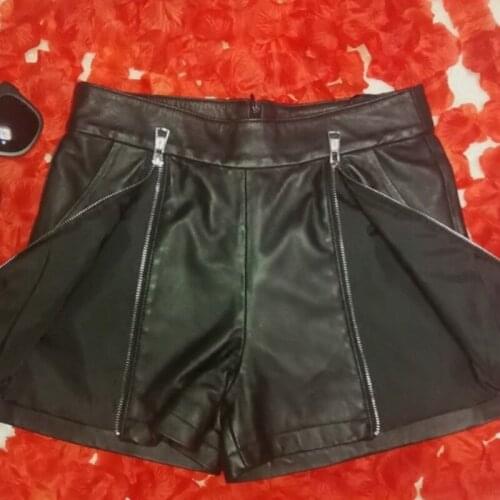 Fashion Women Double Zipper Sheepskin Genuine Leather Shorts Sexy Night Club Hot Shorts Slim Fit Female Casual Short Trousers