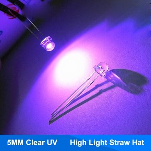 100pcs 5mm UV Purple LED Straw Hat Light Wide Angle Ultraviolet 395nm - 400nm Transparent 5 mm 20mA 3V Light-Emitting Diode Lamp